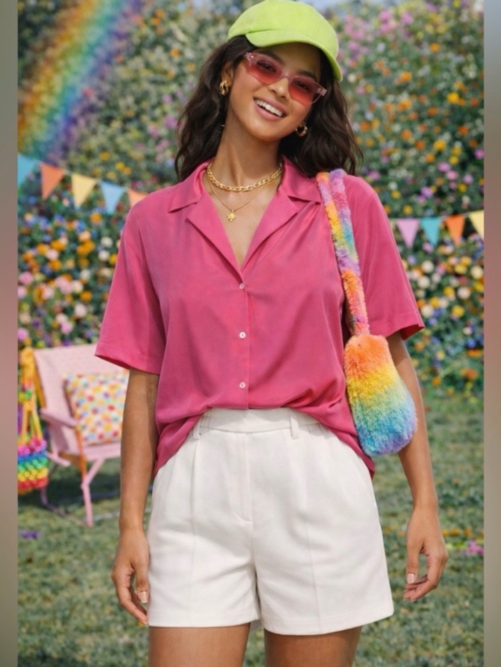 Babaton Pink Short-Sleeve Button-Down Shirt